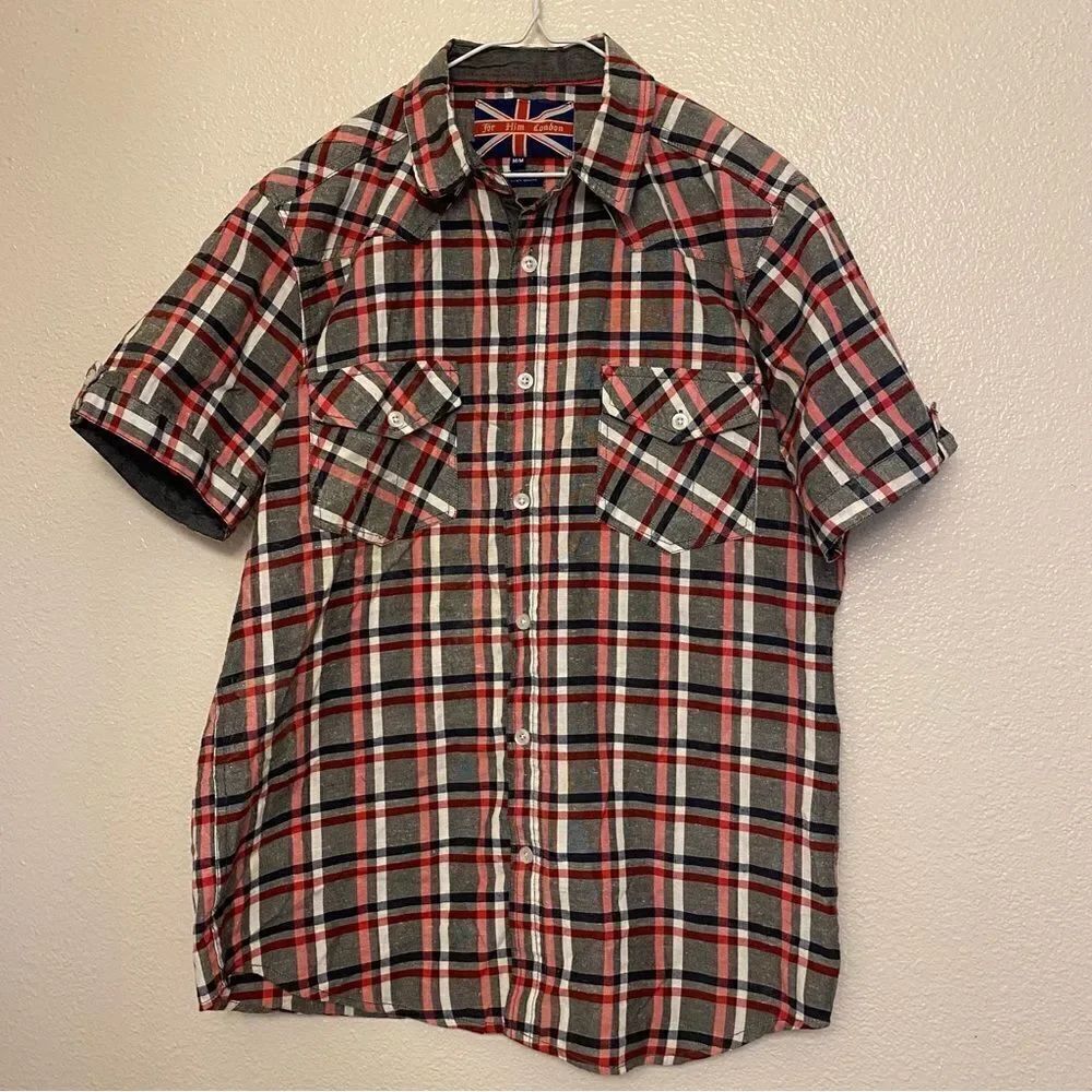 FOR HIM LONDON Union Jack Label casual Button Up Plaid Slim Fit Shirt -M
